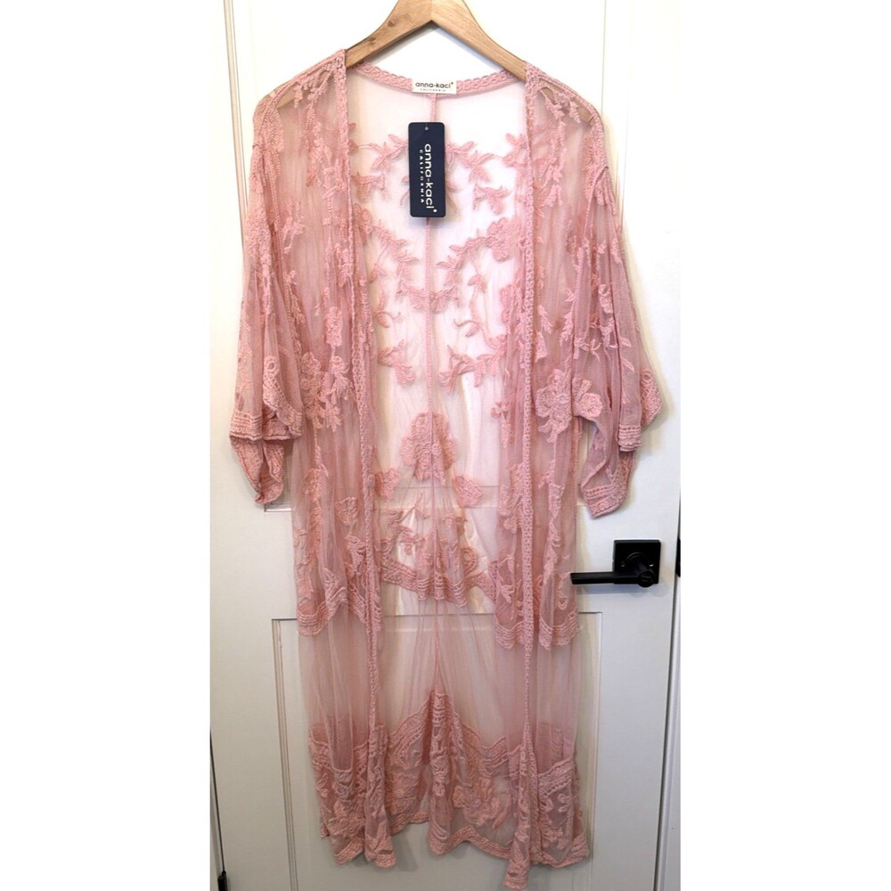 NWT Anna-Kaci Lace Sheer Kimono Cardigan Embroidered Floral Duster Boho Coquette